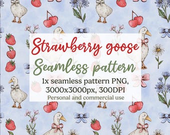 May include: A seamless pattern featuring watercolor illustrations of white geese with pink bows, strawberries, cherries, blue bows, and flowers on a light blue background. The text "Strawberry goose Seamless pattern" is displayed.