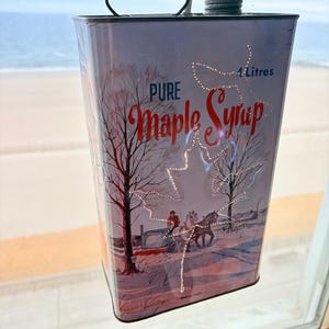 1940s Vintage Punched Tin 1 Gallon French Canadian Maple Syrup Hanging Lamp 1950s Ceiling Lamp one-of-a kind Sirop D’erable Québécois Blue