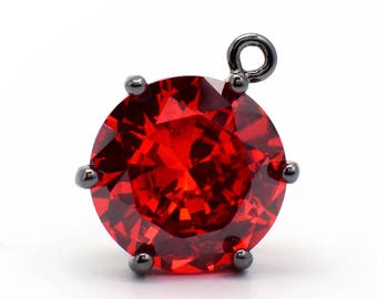 2 Round Red Zircon Pendant, 16mm, Black Color Plated Over