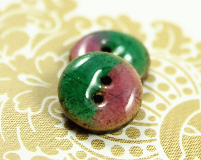 Verdant and Pink Enamel Buttons With Coconut Base Color Collision Buttons 0.51 inch 10 pcs.