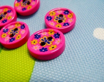 Pink Plastic Buttons with Colorful Floret Pattern (10 in a set)