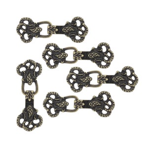 Cloak Clasp Fasteners - 5 Pairs Snake Head Cloak Clasp Antique Brass Hook and Eye Fasteners.  43mm Fastened