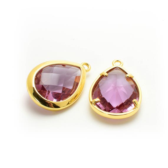 2 Drop Pink Purple Crystal Glass Pendant, 20mm, Gold Plated Over