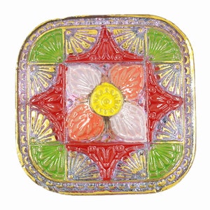 Czech Glass Button - Hand Painted Mosaic Blossom Square Czech Glass Button, 1.30 inch , Shank Button