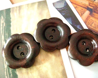 Flower Wooden Buttons - Lovely Realistic 6 Petals Flowers Brown Wood Buttons, 1 inch (10 in a set)