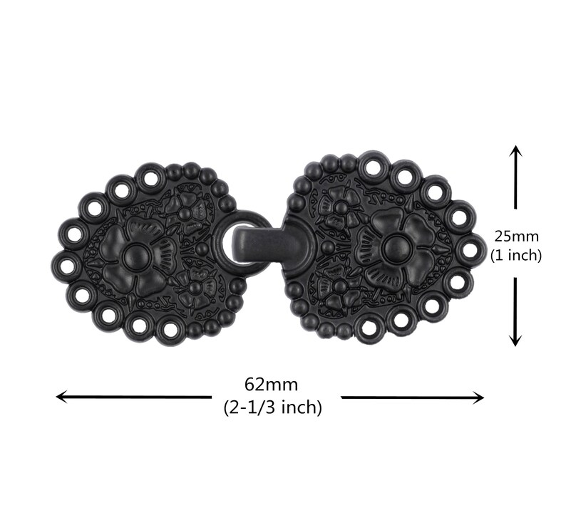 May include: Black metal hook and eye closure with a floral design. The closure measures 2.5 inches tall and 2 1/3 inches wide.