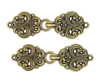 Cloak Clasp Fasteners - Antique Brass Rococo Swirl Flower Cloak Clasp Metal Fasteners. 5 Pairs.