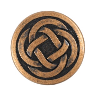 May include: A round, copper-colored button with a black Celtic knot design. The button has a distressed, antique finish.