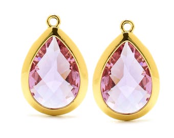 2 Drop Pink Purple Crystal Glass Pendant, 20mm, Gold Plated over Brass Bezel. [D0160589]