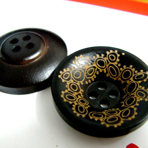 Wooden Buttons - Japanese Style Funnel-Shaped Wood buttons with Khaki Floral pattern. 1 inch