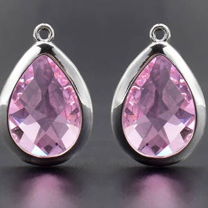 2 Drop Pink Crystal Glass Pendant, 20mm, Silver Plated over Brass Bezel. [D1160610]