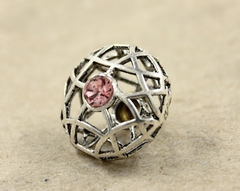 Metal Buttons - Pink Crystal on 3D Round Cage Antique Silver Metal Shank Buttons - 0.79 inch - 1 piece