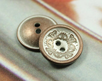 Metal Buttons - Floral Carving Metal Buttons , Copper Patina Color , Concave , 2 Holes , 0.59 inch , 10 pcs