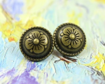 Metal Buttons - Flower Metal Buttons , Brass Color , Domed , Shank , 0.43 inch , 10 pcs