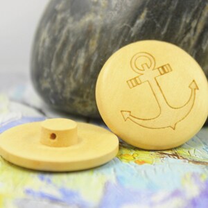 Wooden Buttons Natural Wood Shank buttons with Anchor Pattern Carving. 1 inch. 10 pcs image 3