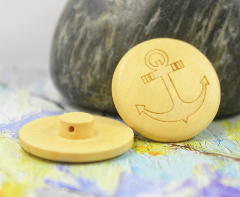 Wooden Buttons Natural Wood Shank buttons with Anchor Pattern Carving. 1 inch. 10 pcs image 3