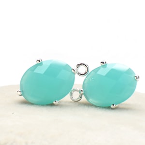 2 Oval Mint Turquoise Crystal Glass Pendant, 16mm, Silver Plated over Brass Prong Setting. [O1070191]