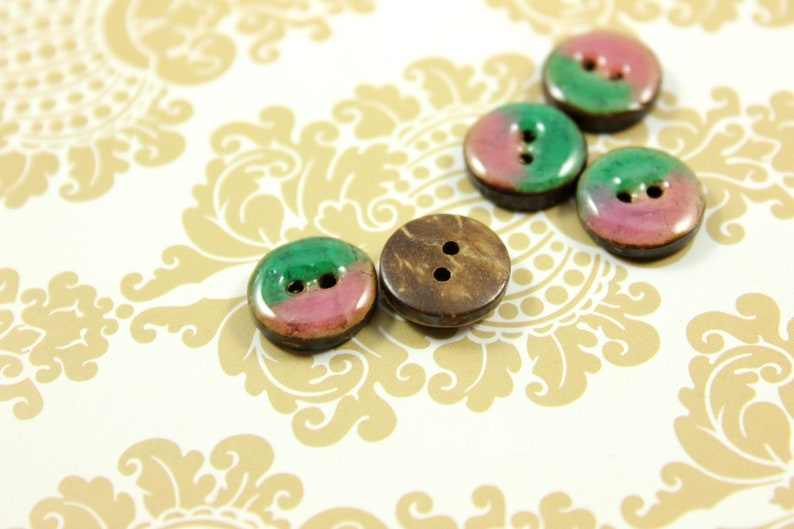 Verdant and Pink Enamel Buttons With Coconut Base Color Collision Buttons 0.51 inch 10 pcs.