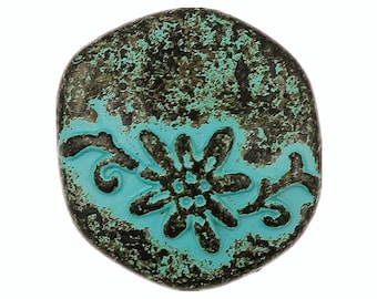 Patina Metal Buttons - Flower and Vine Metal Buttons , Green Patina Color , Hexagon , Shank , 0.79 inch , 6 pcs