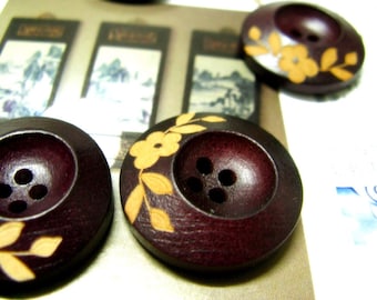 Flower Wooden Buttons - ASYMMETRICAL Volcano Shape Wooden Button.With Khaki Periwinkle Pattern at mountainside. 1.02  inch. 6 in a set