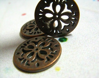 Metal Buttons - Flowery Filigree Metal Buttons , Bronze Color , 4 Holes , 0.71 inch , 10 pcs