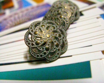 Metal Buttons - Paisley Flower Metal Buttons , Brass Patina Color , Openwork , Shank , 0.71 inch , 10 pcs