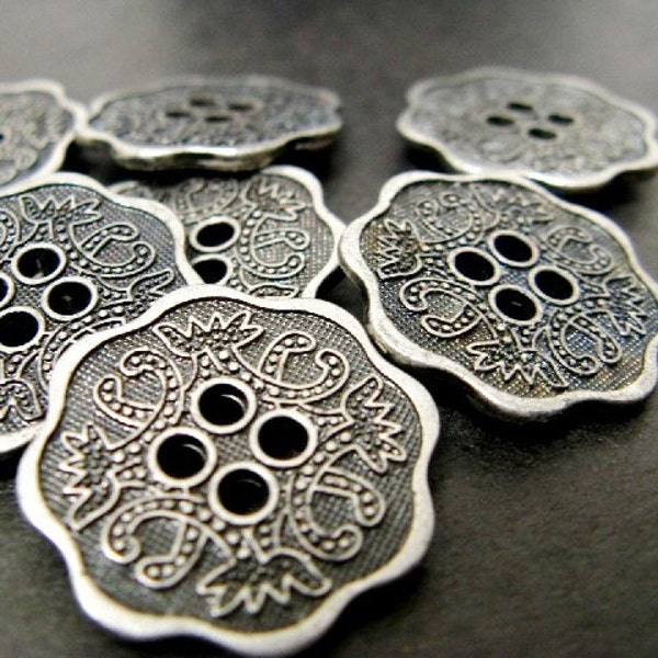 Mandala Metal Buttons - Set 10 RELIEF Floral Pattern Undulating edge Four Hole Gunmetal Buttons.0.87 inch