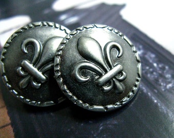 Metal Buttons - Fleur-De-Lis Metal Buttons , Gray Silver Color , Shank , 1 inch , 10 pcs