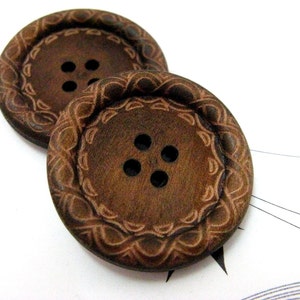 Large Wood Buttons Beautiful Swirls Decorative Domed Border Cascading Recessed Center Old Wooden Buttons, 1.18 inch 10 in a set image 2