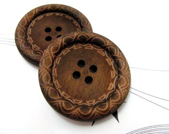 Large Wood Buttons - Beautiful Swirls Decorative Domed Border Cascading Recessed Center Old Wooden Buttons, 20mm 0.75 inch (10 in a set)