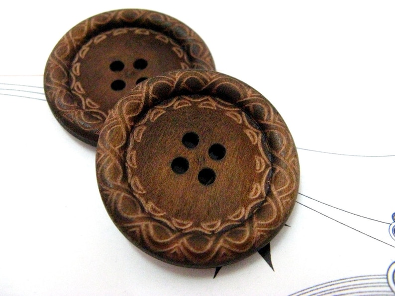Large Wood Buttons Beautiful Swirls Decorative Domed Border Cascading Recessed Center Old Wooden Buttons, 1.18 inch 10 in a set image 2