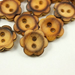 Wood Buttons - 10 pieces of Original Wood Burned Edge Flower Buttons, 0.59 inch