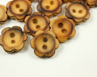 Wood Buttons - 10 pieces of Original Wood Burned Edge Flower Buttons, 0.59 inch