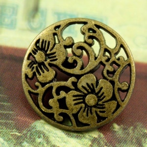 Metal Buttons - Flower Vine Metal Buttons , Antiqued Brass Color , Openwork , Shank , 0.59 inch , 10 pcs