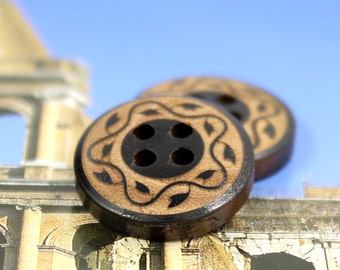 Wooden Buttons - Brown Wooden buttons with Wreath Pattern. 0.71 inch, 10 pcs