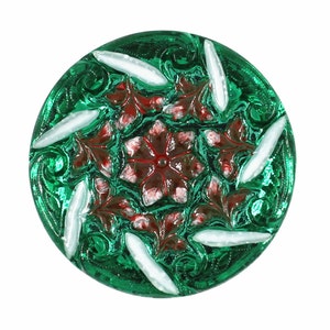 Czech Glass Button - Hand Painted Flower Leaves Czech Glass Button, 1.06 inch , Shank Button