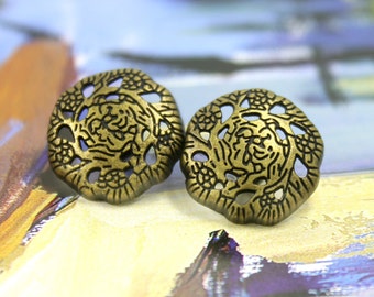 Metal Buttons - Openwork Rose Vine Antique Brass Metal Shank Buttons - 0.59 - 10 pcs