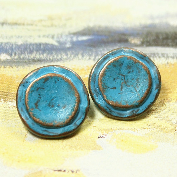 Metal Buttons - Double Circles Metal Buttons , Retro Sky Blue Color , Shank , 0.55 inch , 10 pcs