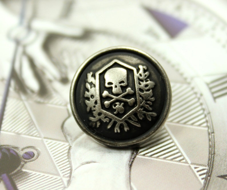 6 Skull Emblem Metal Buttons , Retro Silver Color , Shank , 0.91 inch image 3