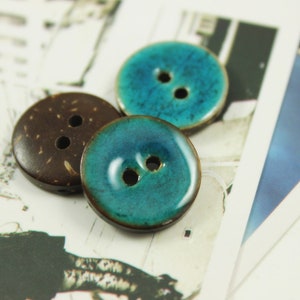 10 Pieces Of Translucent DarkCyan Enamel Buttons With Coconut Base. 0.71 inch image 5