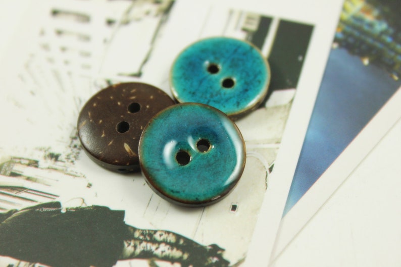 10 Pieces Of Translucent DarkCyan Enamel Buttons With Coconut Base. 0.71 inch image 5