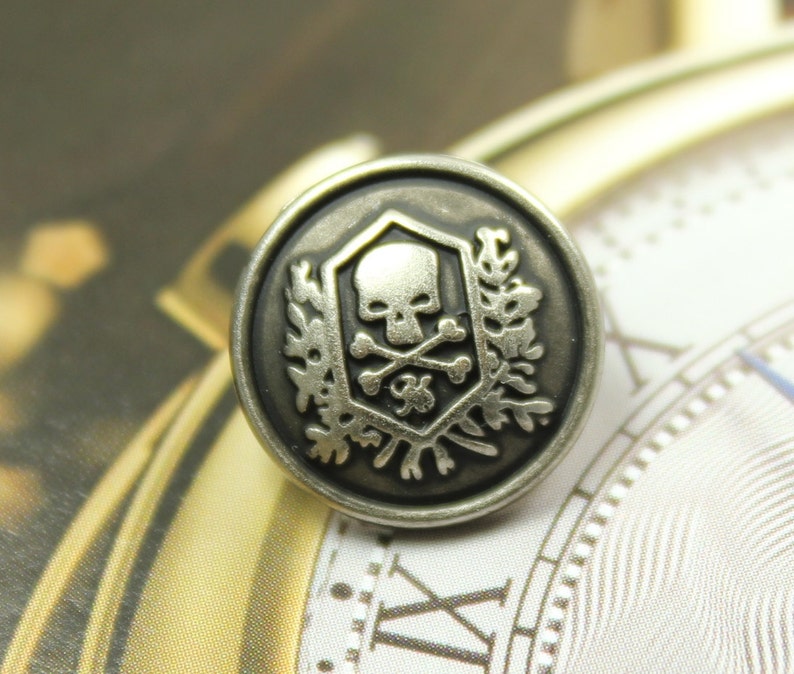 6 Skull Emblem Metal Buttons , Retro Silver Color , Shank , 0.91 inch image 5