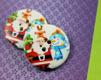 Wooden Buttons - Happy Christmas Man and Snowman Picture White Wood Buttons 1.18 inch. 6 in a set