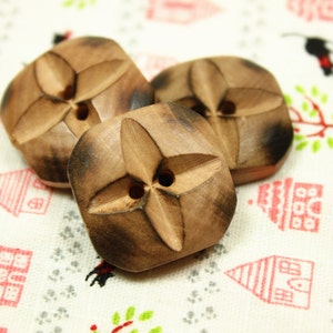 Wood Buttons - 10 pieces of Original Wood Burned Edge Deep Carving Flower Buttons, 0.87 inch