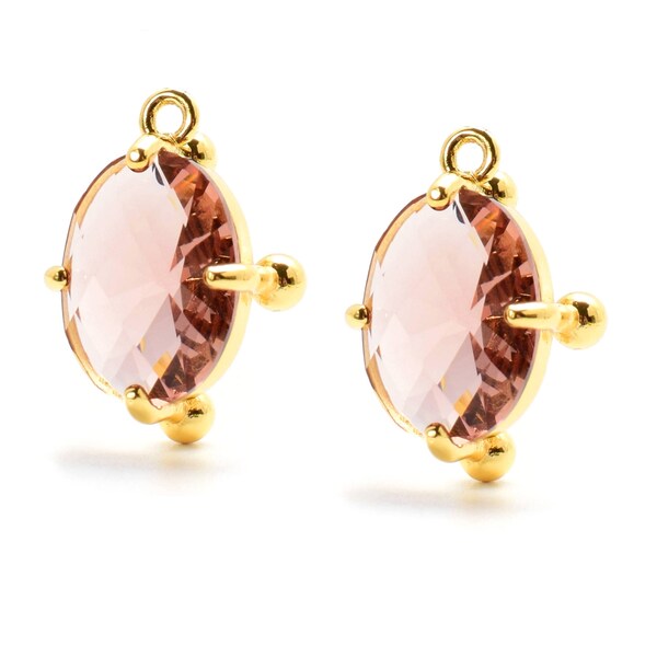 2 Sphericals Bezel Oval Vintage Rose Crystal Glass Pendant, 20mm, Open Ring, Gold Plated over Brass Prong Setting. [S0190549]