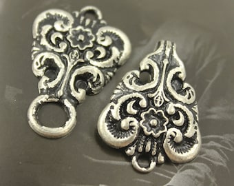 Cloak Clasp Fasteners - Retro Silver Romantic Bouquet Cloak Clasp Hook and Eye Fasteners. 2 Pairs. RARE