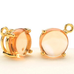 2 Round Smooth Light Peach Crystal Glass Pendant, 12mm, Gold Plated over Brass Prong Setting. [R0160386]
