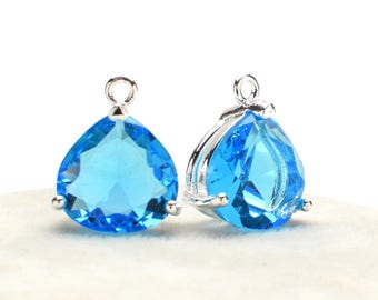 2 Pear Drop Blue Crystal Glass Pendant, 15mm, Silver Plated over Brass Prong Setting. [P1020026]