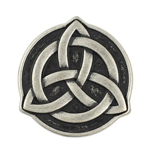May include: A silver-toned Celtic knot pendant with a black background. The knot is a traditional symbol of love, friendship, and unity.