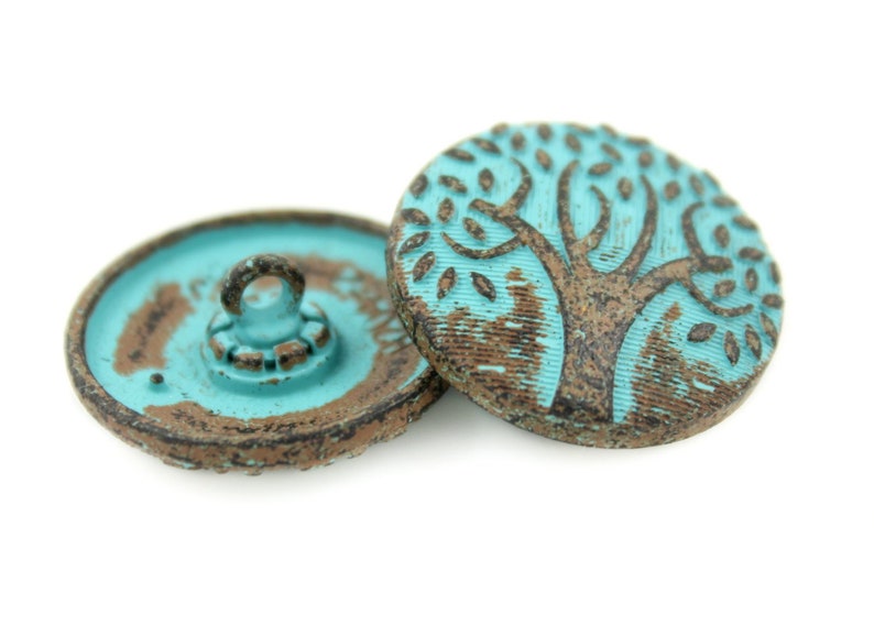 Patina Metal Buttons Green Patina Carving Big Tree Pattern Shank Buttons. 1 inch. 6 pcs image 2